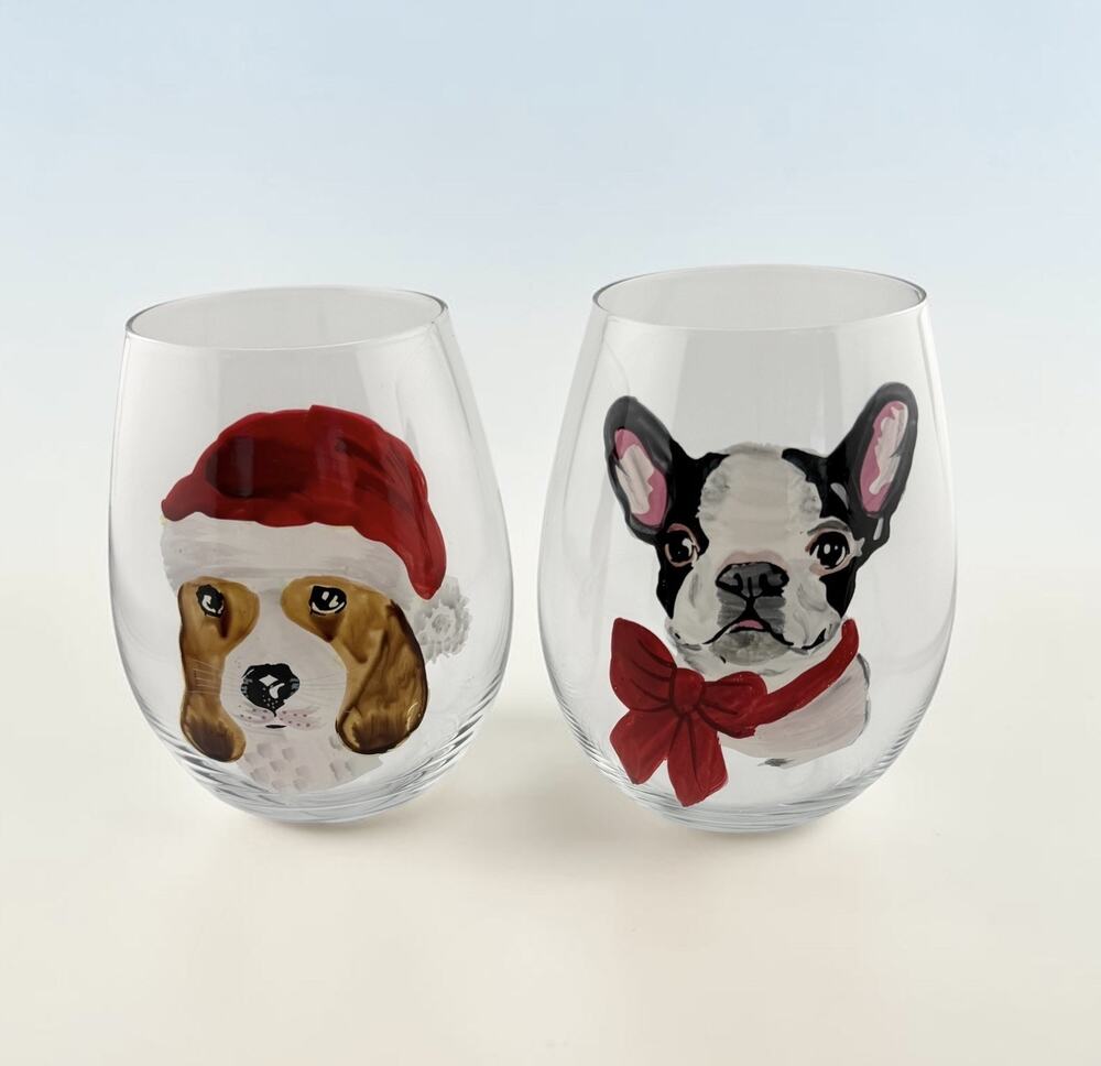 Vintage Pier One Christmas Puppy Stemless Wine Glasses French Bulldog, Beagle